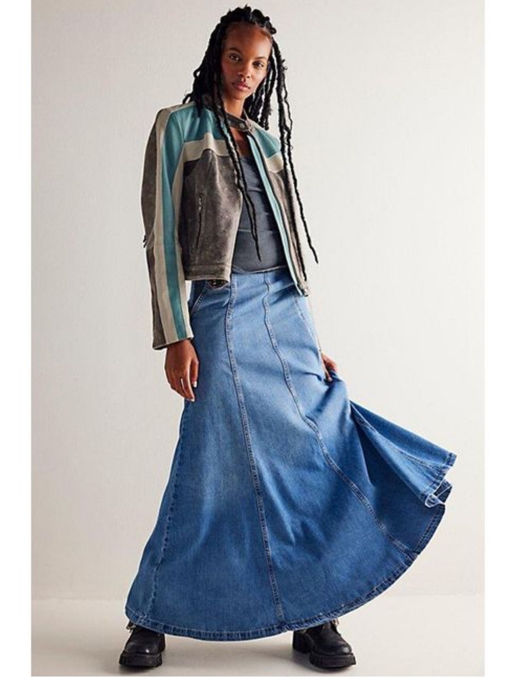Free People We The Free Blue Denim Panel Maxi Skirt